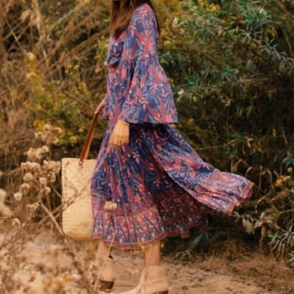 075 Boho Purple Floral Print V neck Cottagecore Dress - Picture 12 of 14